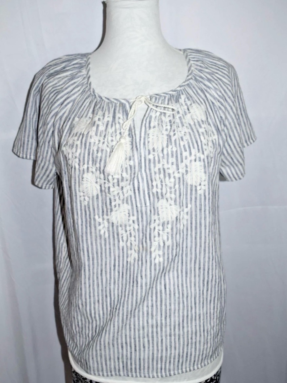 Lucky Brand Stripe Embroidered Floral Boho Peasant Blouse Shirt Top Ties U2